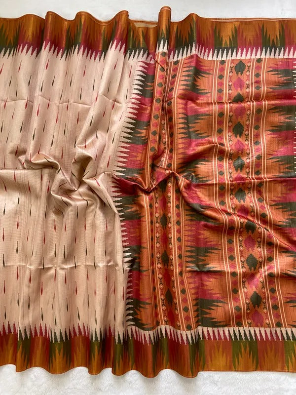 Elegant Cream Ikat Style Tushar Silk Saree with Multicolor Border & Rich Pallu