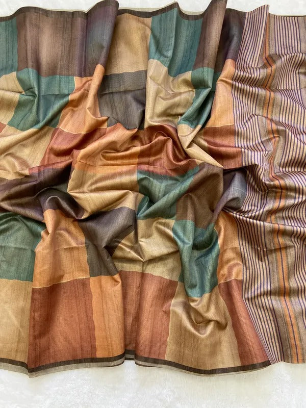 Elegant Multicolor Tussar Silk Saree with Abstract Block Design & Striped Pallu
