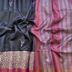 Elegant Black & Maroon Tushar Silk Saree with Floral Border & Striped Contrast Pallu