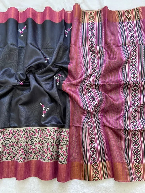 Elegant Black & Maroon Tushar Silk Saree with Floral Border & Striped Contrast Pallu