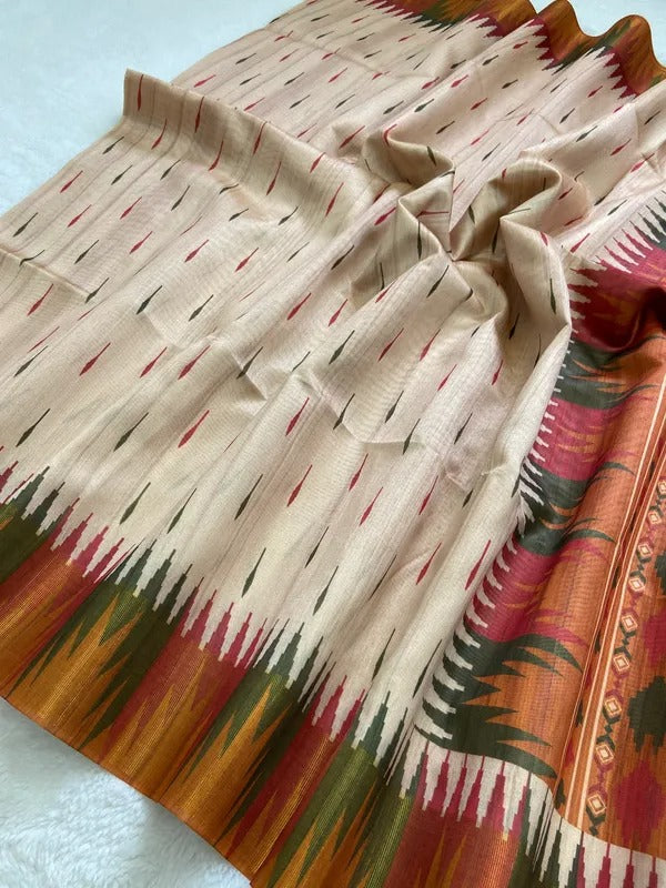 Elegant Cream Ikat Style Tushar Silk Saree with Multicolor Border & Rich Pallu
