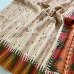 Elegant Cream Ikat Style Tushar Silk Saree with Multicolor Border & Rich Pallu