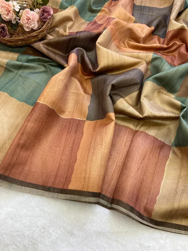 Elegant Multicolor Tussar Silk Saree with Abstract Block Design & Striped Pallu