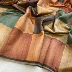Elegant Multicolor Tussar Silk Saree with Abstract Block Design & Striped Pallu