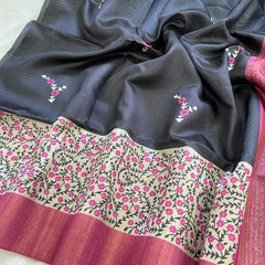 Elegant Black & Maroon Tushar Silk Saree with Floral Border & Striped Contrast Pallu