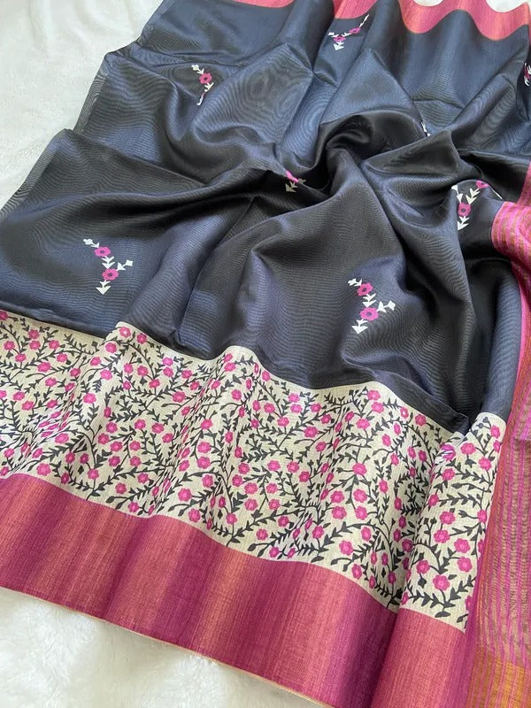 Elegant Black & Maroon Tushar Silk Saree with Floral Border & Striped Contrast Pallu