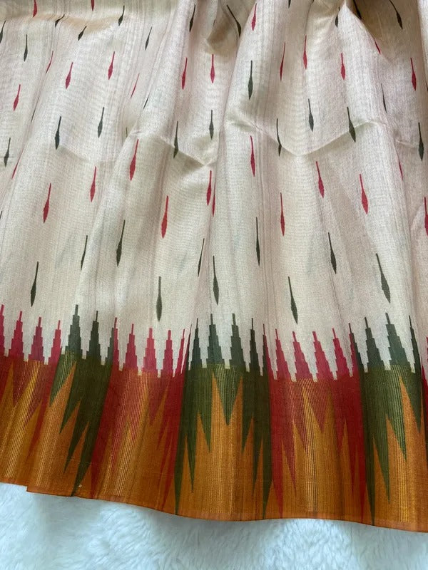 Elegant Cream Ikat Style Tushar Silk Saree with Multicolor Border & Rich Pallu