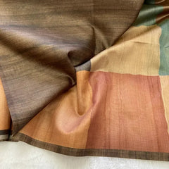 Elegant Multicolor Tussar Silk Saree with Abstract Block Design & Striped Pallu