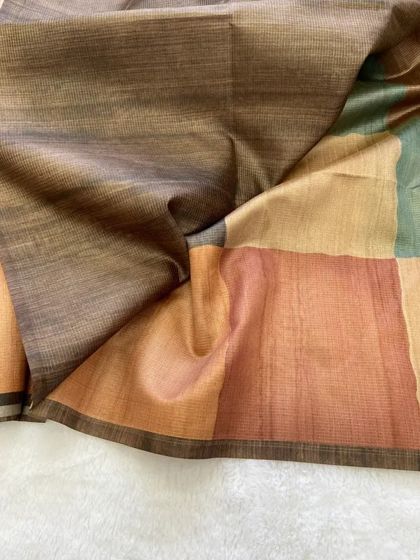 Elegant Multicolor Tussar Silk Saree with Abstract Block Design & Striped Pallu