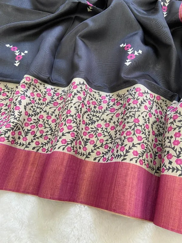 Elegant Black & Maroon Tushar Silk Saree with Floral Border & Striped Contrast Pallu