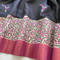Elegant Black & Maroon Tushar Silk Saree with Floral Border & Striped Contrast Pallu