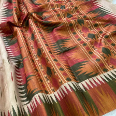 Elegant Cream Ikat Style Tushar Silk Saree with Multicolor Border & Rich Pallu