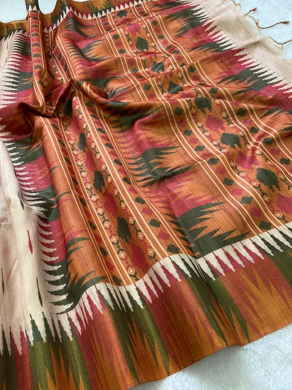 Elegant Cream Ikat Style Tushar Silk Saree with Multicolor Border & Rich Pallu