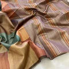 Elegant Multicolor Tussar Silk Saree with Abstract Block Design & Striped Pallu