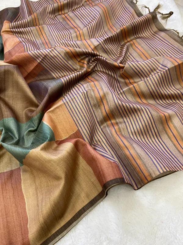 Elegant Multicolor Tussar Silk Saree with Abstract Block Design & Striped Pallu