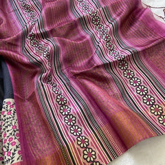 Elegant Black & Maroon Tushar Silk Saree with Floral Border & Striped Contrast Pallu