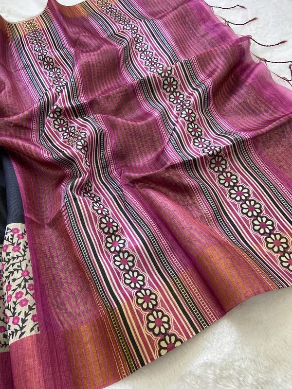Elegant Black & Maroon Tushar Silk Saree with Floral Border & Striped Contrast Pallu