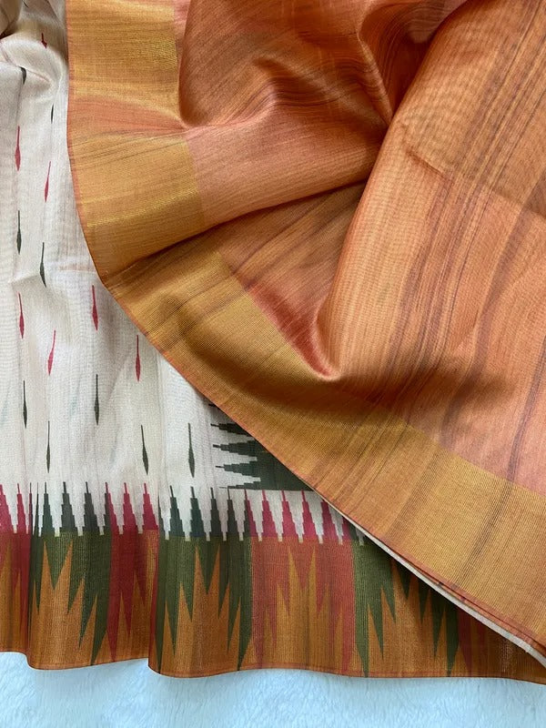 Elegant Cream Ikat Style Tushar Silk Saree with Multicolor Border & Rich Pallu