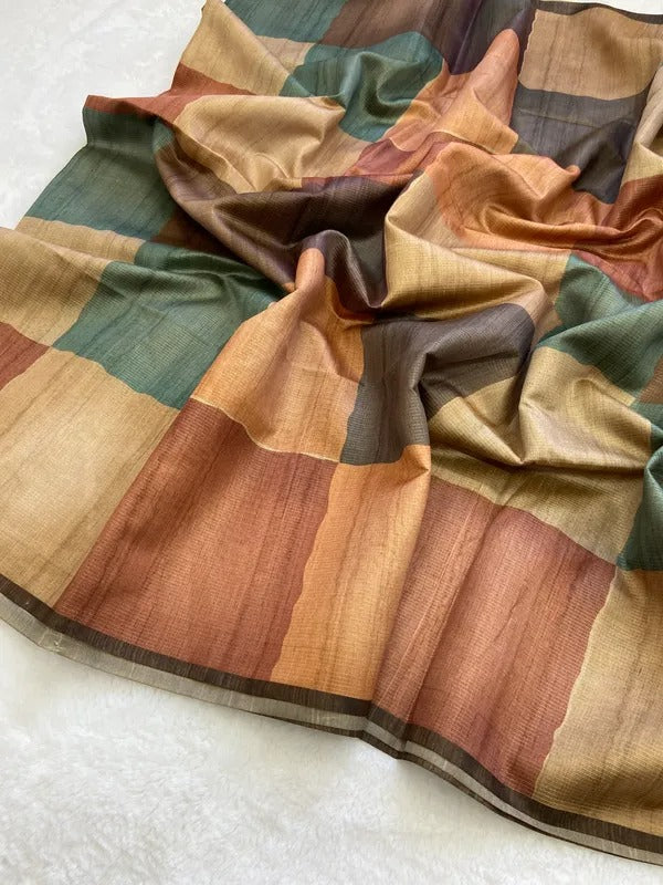 Elegant Multicolor Tussar Silk Saree with Abstract Block Design & Striped Pallu