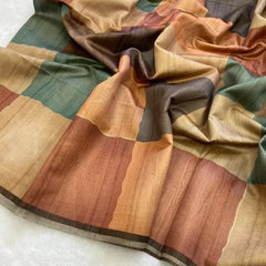 Elegant Multicolor Tussar Silk Saree with Abstract Block Design & Striped Pallu