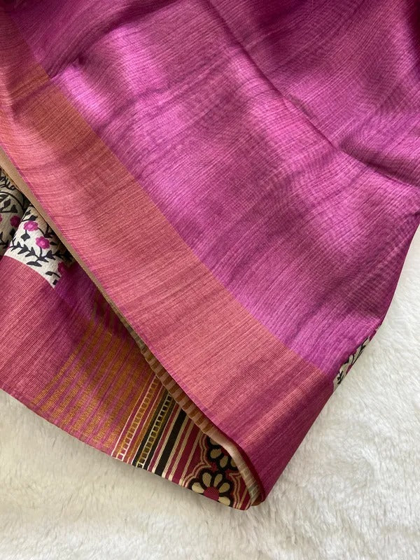 Elegant Black & Maroon Tushar Silk Saree with Floral Border & Striped Contrast Pallu