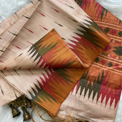 Elegant Cream Ikat Style Tushar Silk Saree with Multicolor Border & Rich Pallu