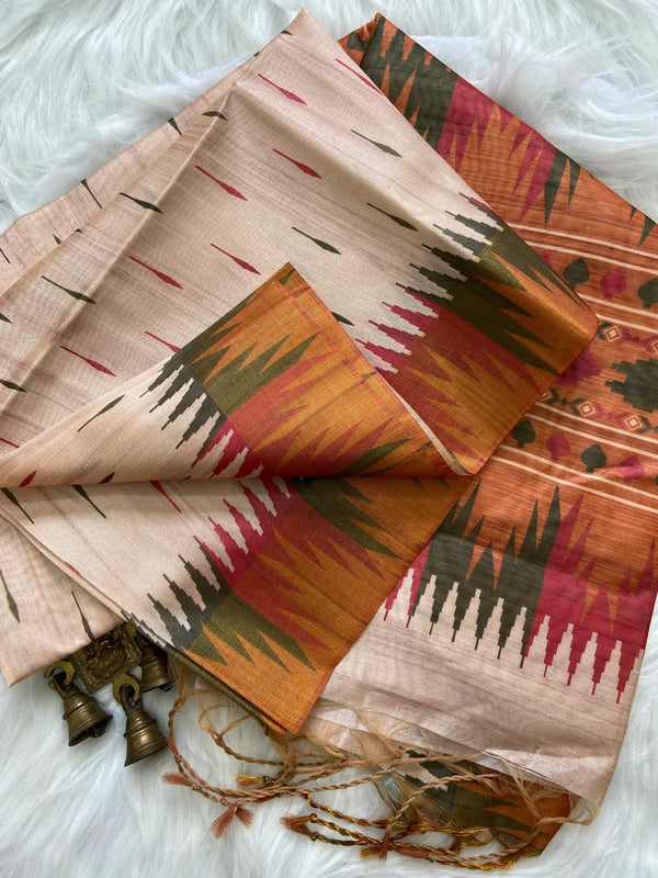 Elegant Cream Ikat Style Tushar Silk Saree with Multicolor Border & Rich Pallu