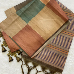 Elegant Multicolor Tussar Silk Saree with Abstract Block Design & Striped Pallu