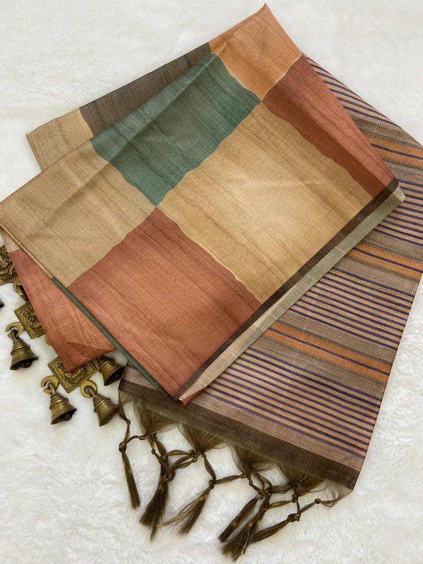 Elegant Multicolor Tussar Silk Saree with Abstract Block Design & Striped Pallu