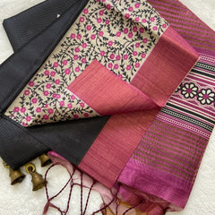 Elegant Black & Maroon Tushar Silk Saree with Floral Border & Striped Contrast Pallu