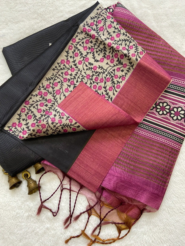 Elegant Black & Maroon Tushar Silk Saree with Floral Border & Striped Contrast Pallu