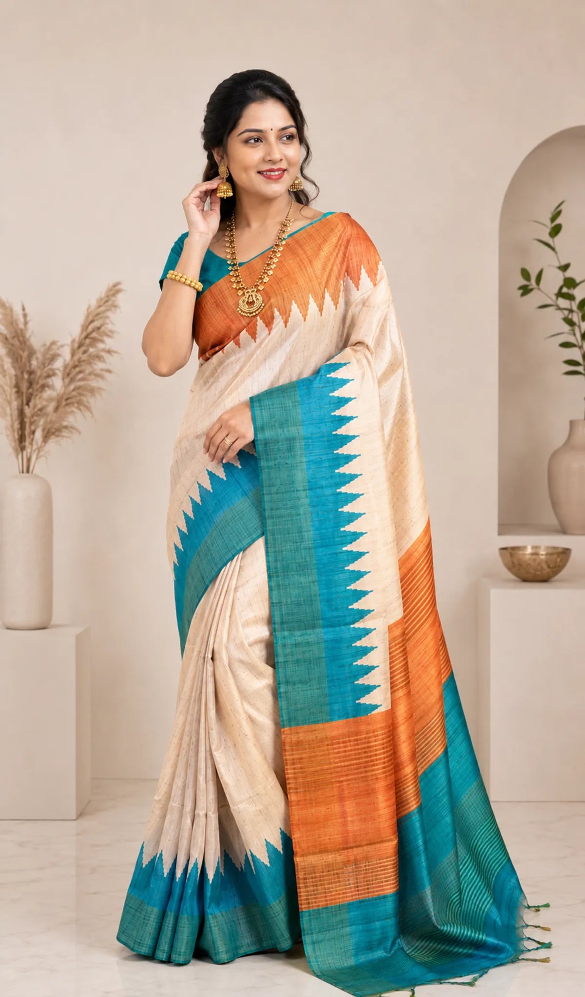 Premium Tussar Silk Printed Saree with Contrast Pallu