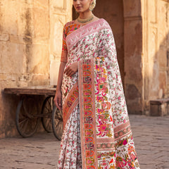 Elegant Cream Floral Printed Cotton Saree with Traditional Art Border & Rich Pallu