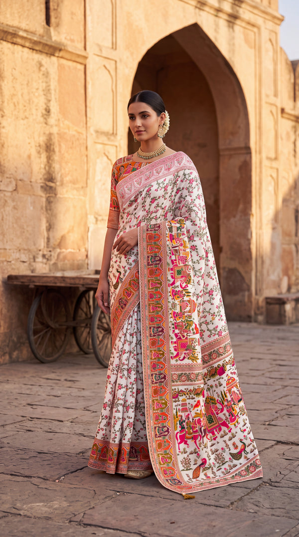 Elegant Cream Floral Printed Cotton Saree with Traditional Art Border & Rich Pallu