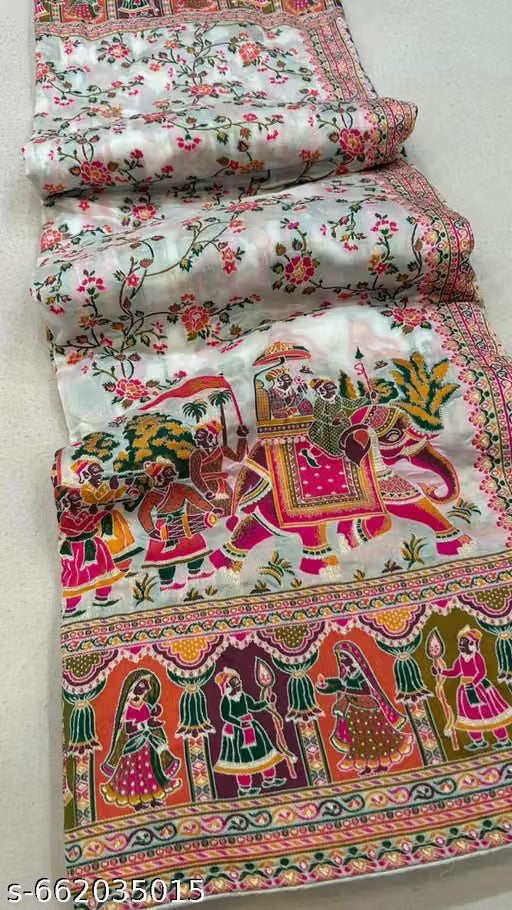 Elegant Cream Floral Printed Cotton Saree with Traditional Art Border & Rich Pallu