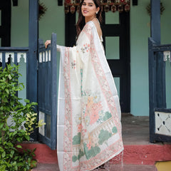 Ivory Pure Cotton Linen Saree with Pastel Floral Design And Tassel Detailing With Unstitched Blouse