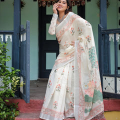 Ivory Pure Cotton Linen Saree with Pastel Floral Design And Tassel Detailing With Unstitched Blouse