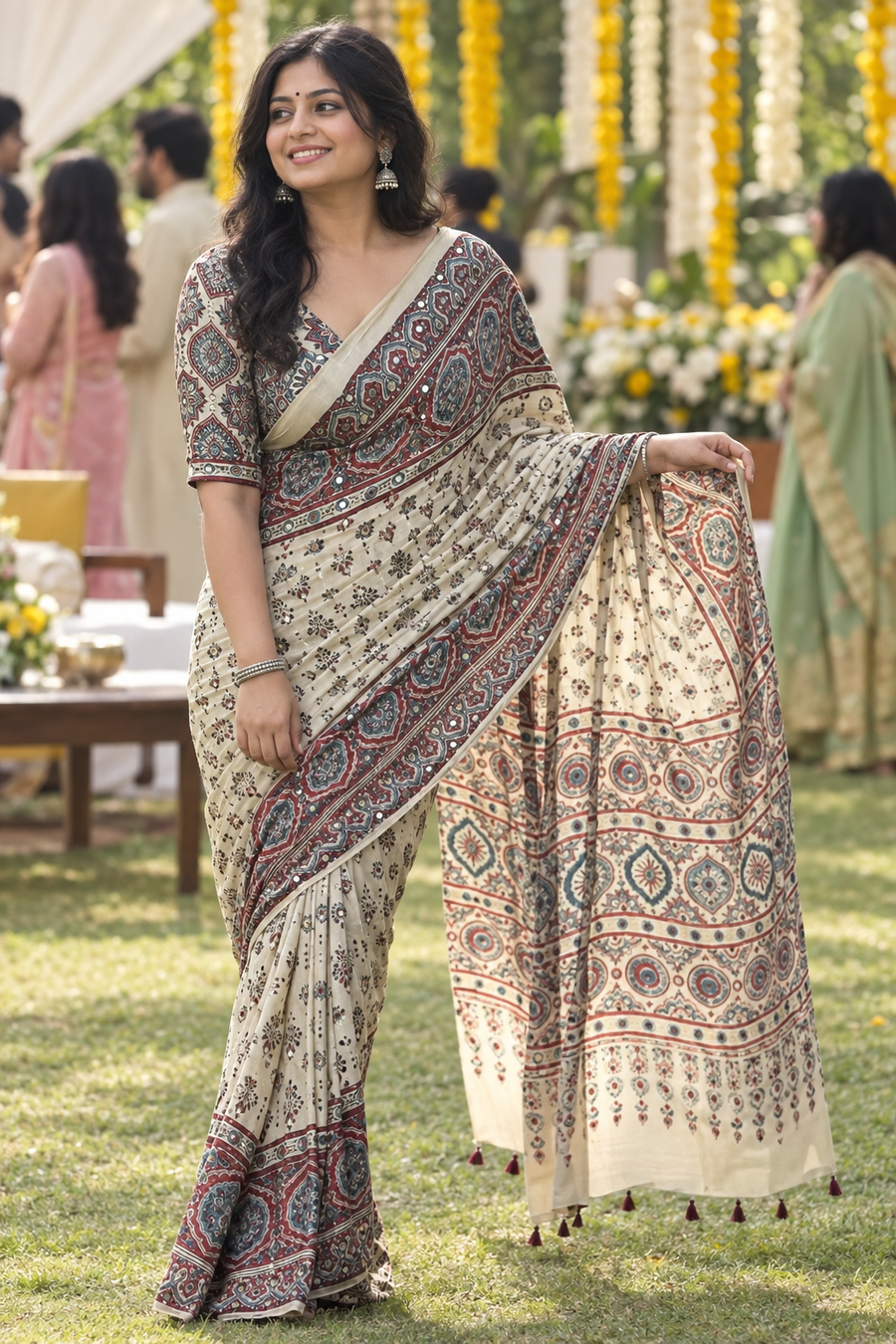 Woman wearing the Ajrakh saree at a family function
