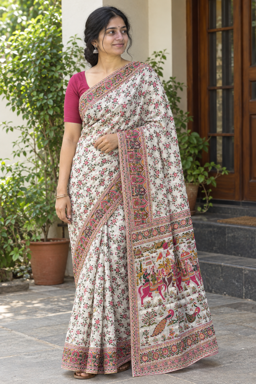 Woman wearing the referenced saree