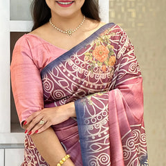 Soft Tussar Silk sarees with Beautiful Print With Attractive Zari Line Saree And Print Blouse With Tassels