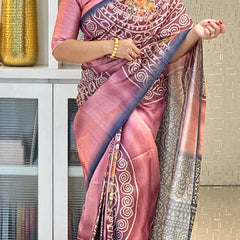 Soft Tussar Silk sarees with Beautiful Print With Attractive Zari Line Saree And Print Blouse With Tassels