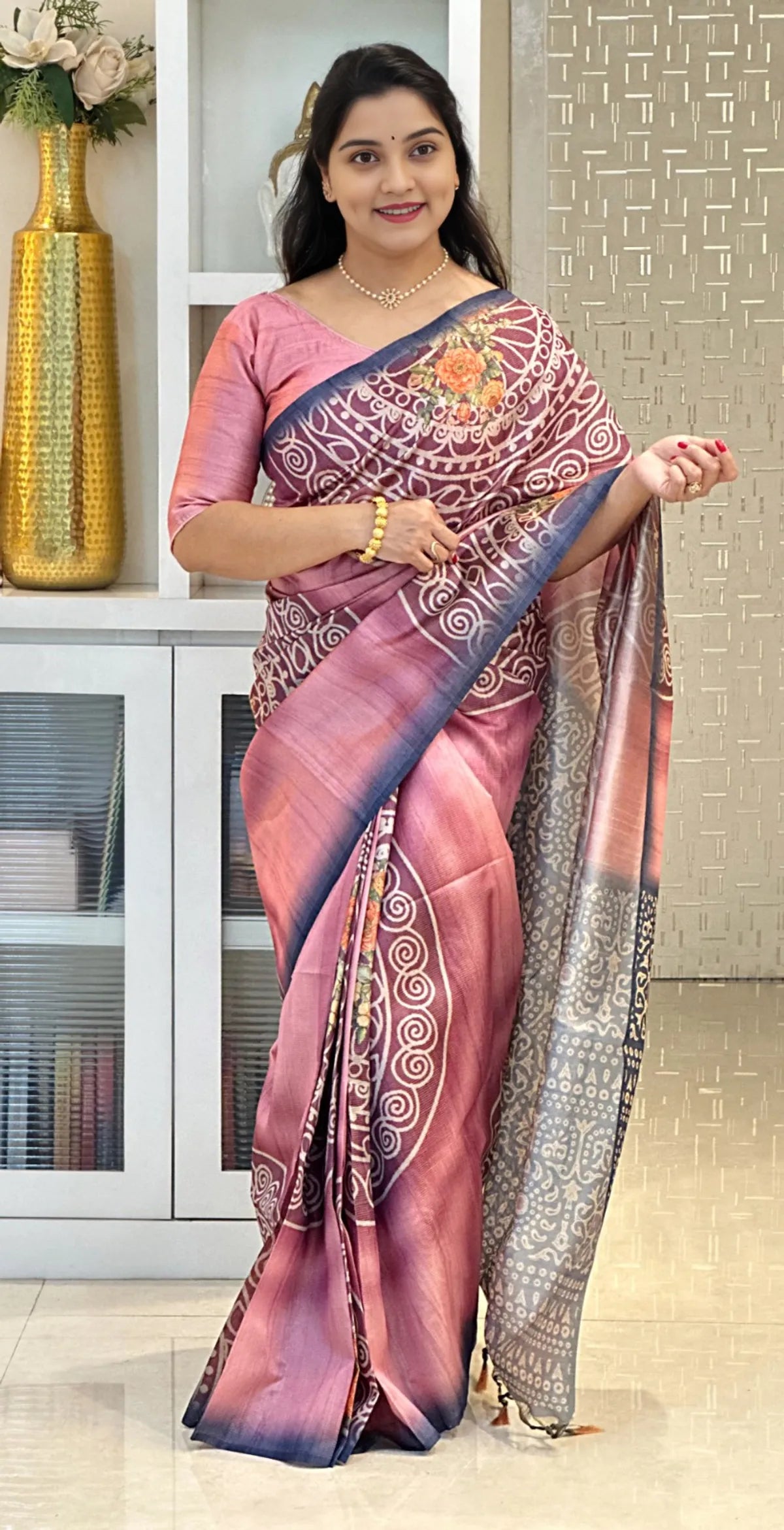 Soft Tussar Silk sarees with Beautiful Print With Attractive Zari Line Saree And Print Blouse With Tassels