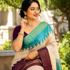 Elegant Tussar Silk Saree with Zig-Zag Border & Contrast Pallu