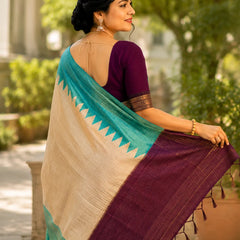 Elegant Tussar Silk Saree with Zig-Zag Border & Contrast Pallu